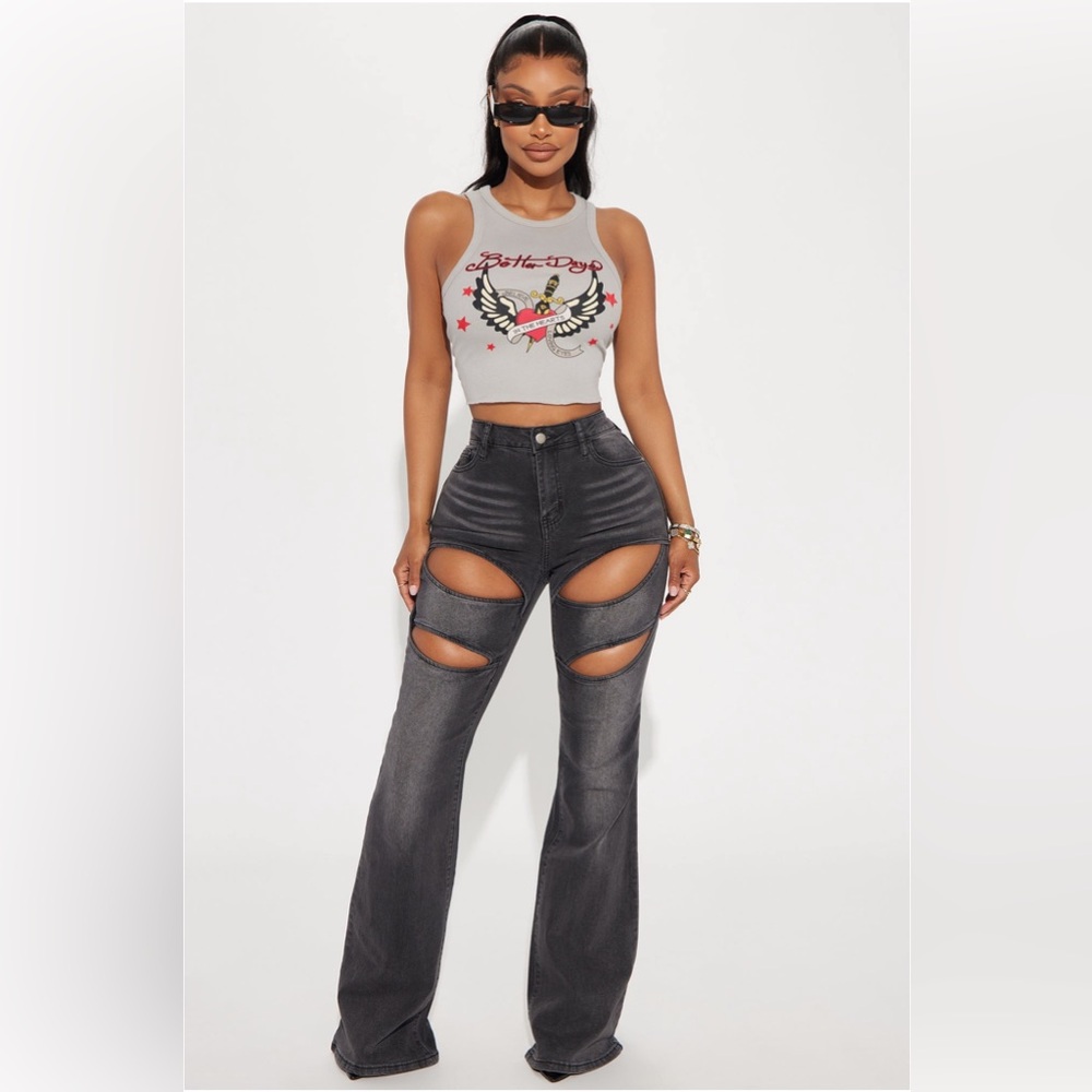 Fashion Nova Showing up cut out stretch flare jeans